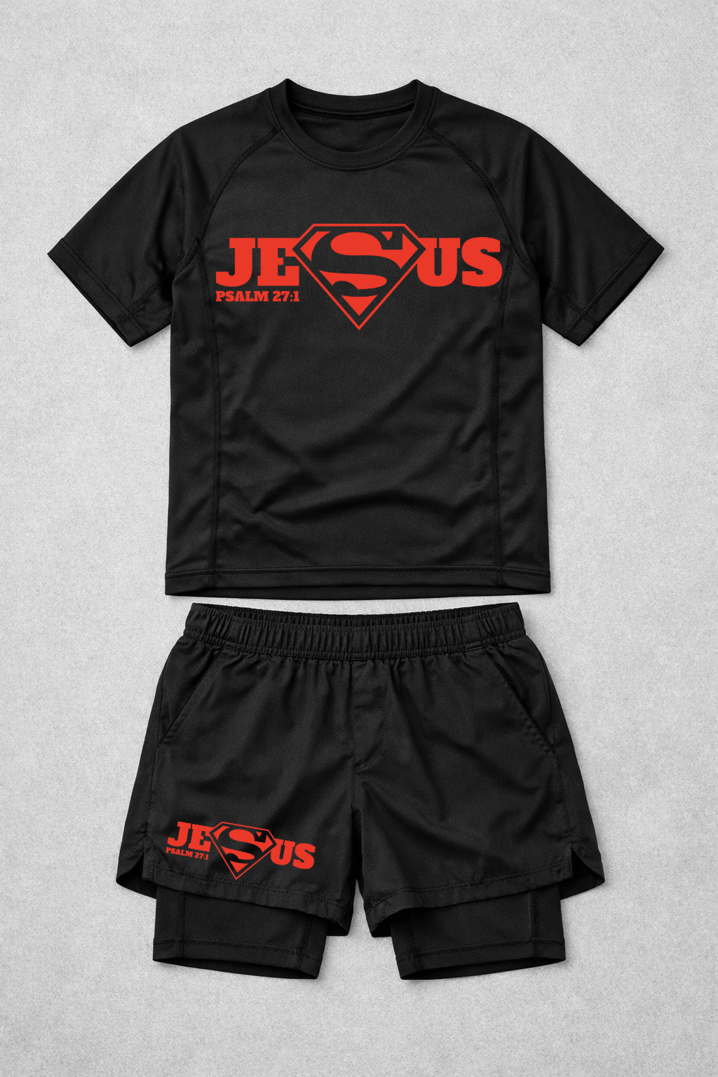 Super Jesus rash guard and shorts combo