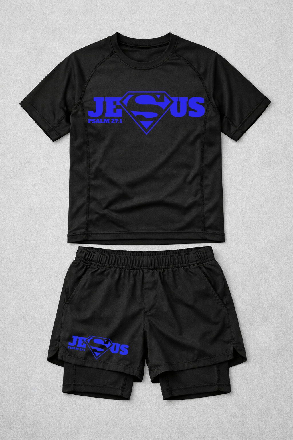 Super Jesus rash guard and shorts combo