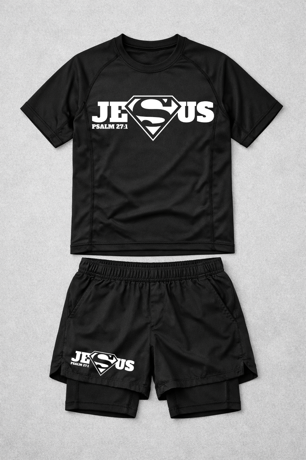 Super Jesus rash guard and shorts combo