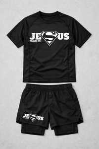Super Jesus rash guard and shorts combo