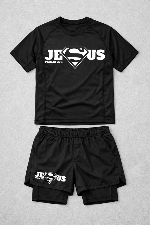 Super Jesus rash guard and shorts combo